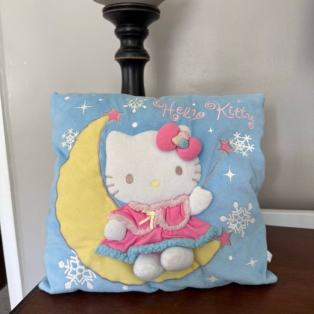 Vintage Sanrio Hello Kitty Moon Snowflake Plush Pillow Cushion Blue Pink